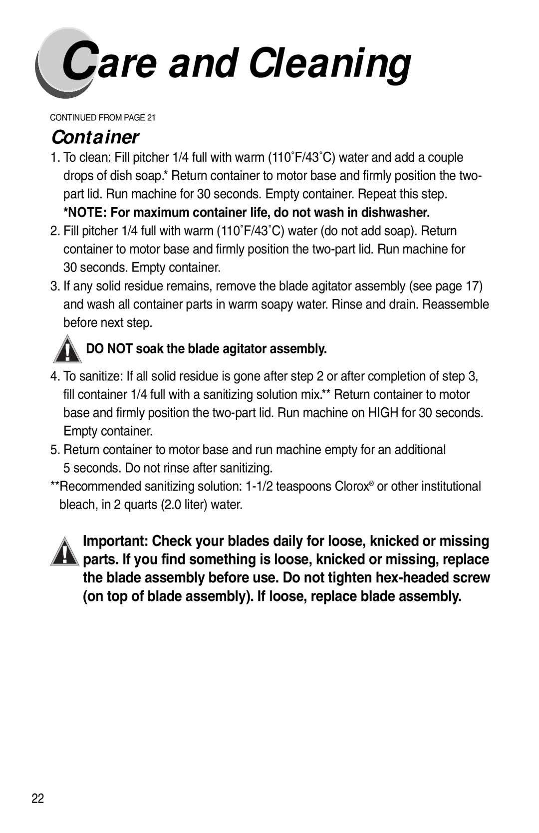 Vita-Mix XTG012 owner manual Container, Do not soak the blade agitator assembly 