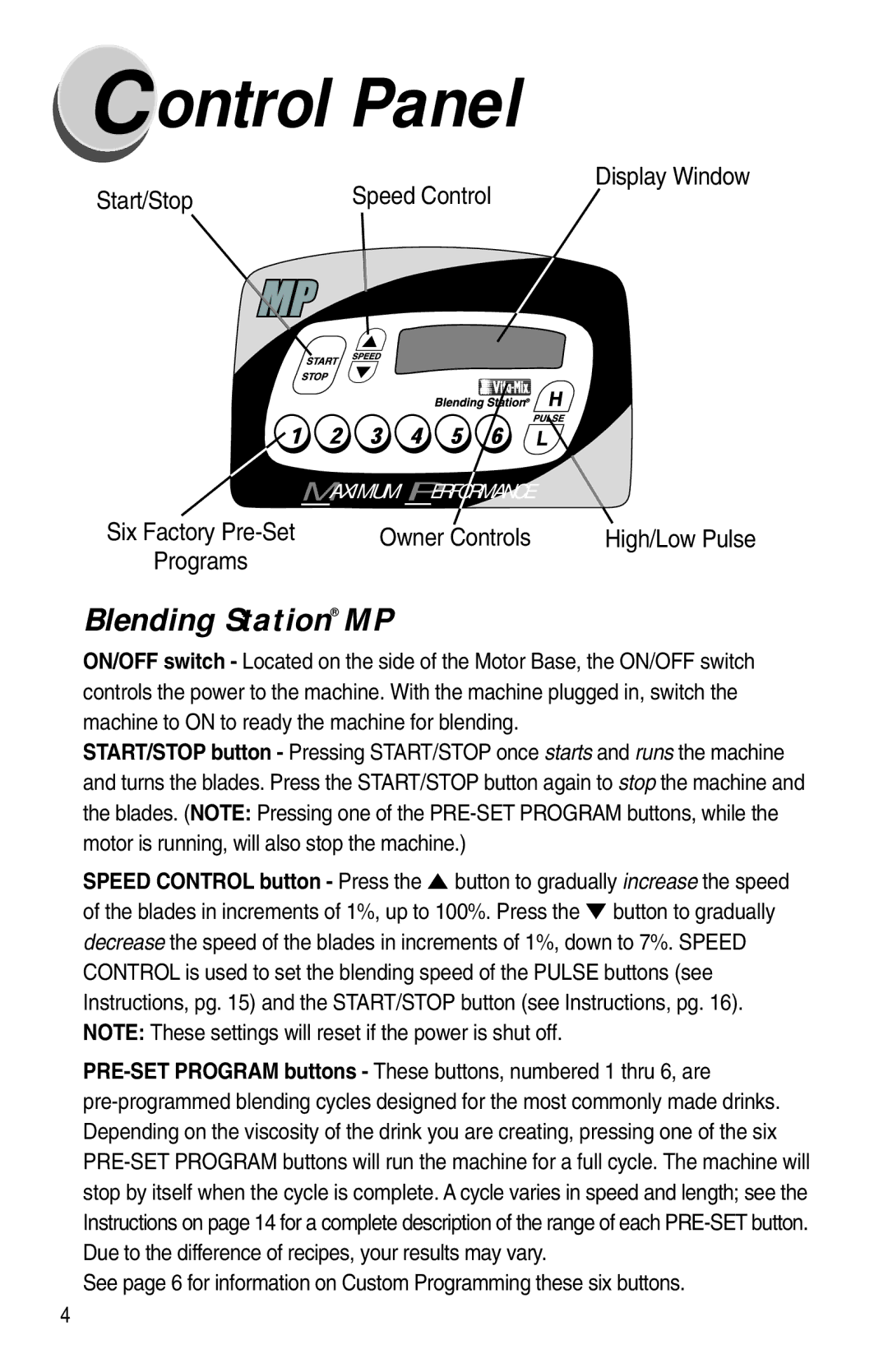 Vita-Mix XTG012 owner manual Ontrol Panel, Blending Station MP, Speed Control, High/Low Pulse, Programs 