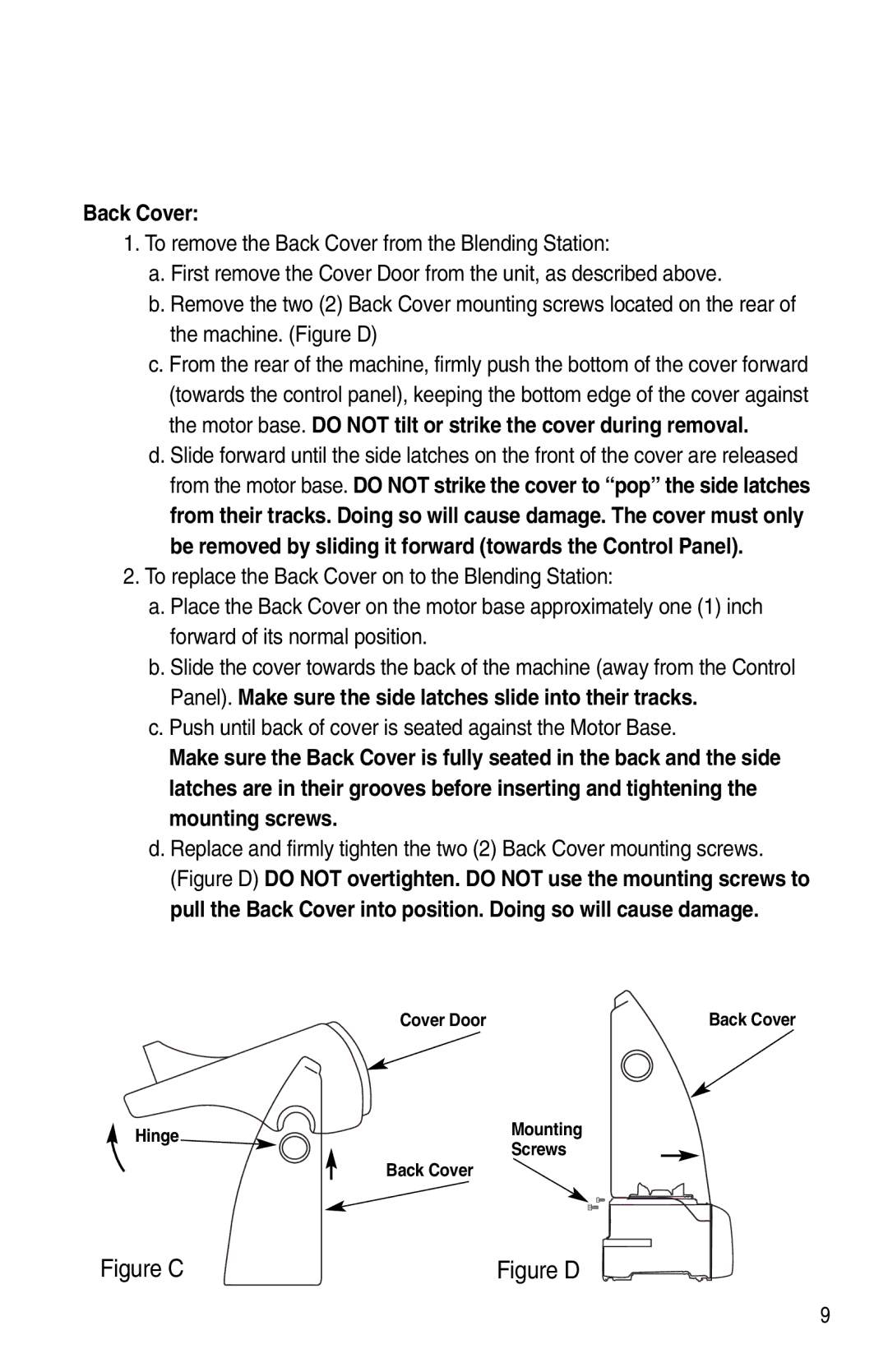 Vita-Mix XTG012 owner manual Back Cover, Push until back of cover is seated against the Motor Base 