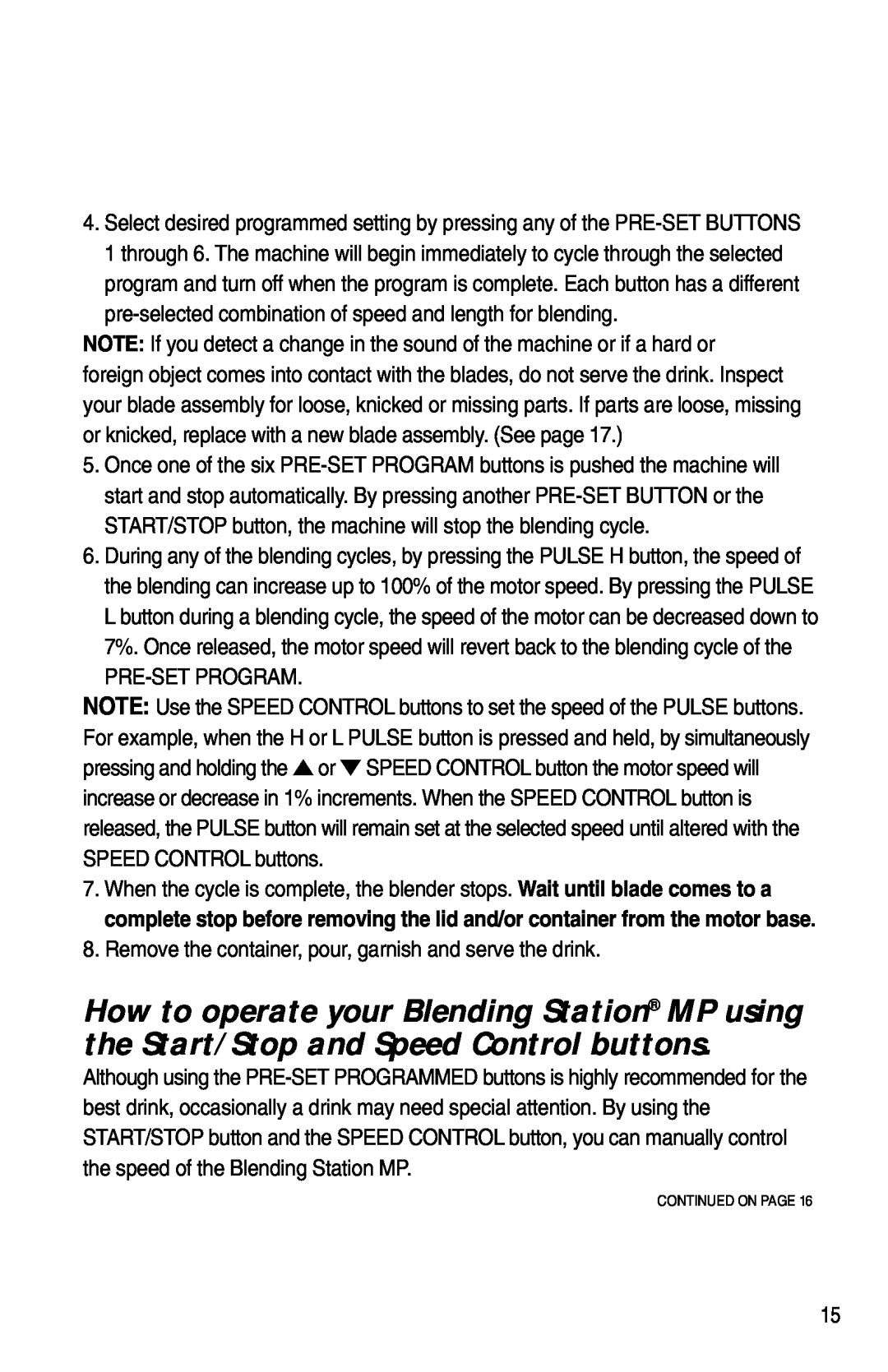 Vita-Mix XTG012 owner manual Pre-Setprogram, Continued On Page 