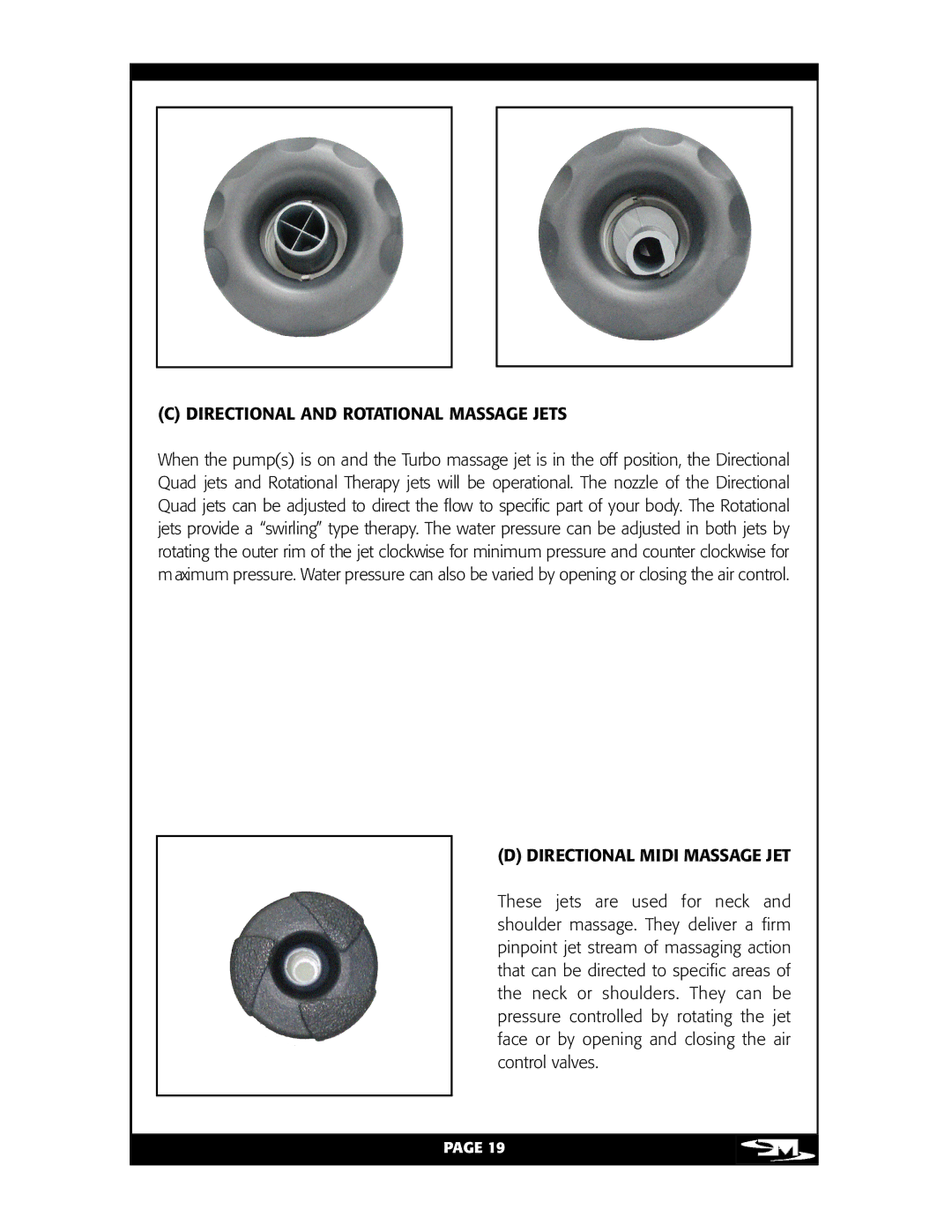 Vita Spa L100 owner manual Directional and Rotational Massage Jets, Directional Midi Massage JET 