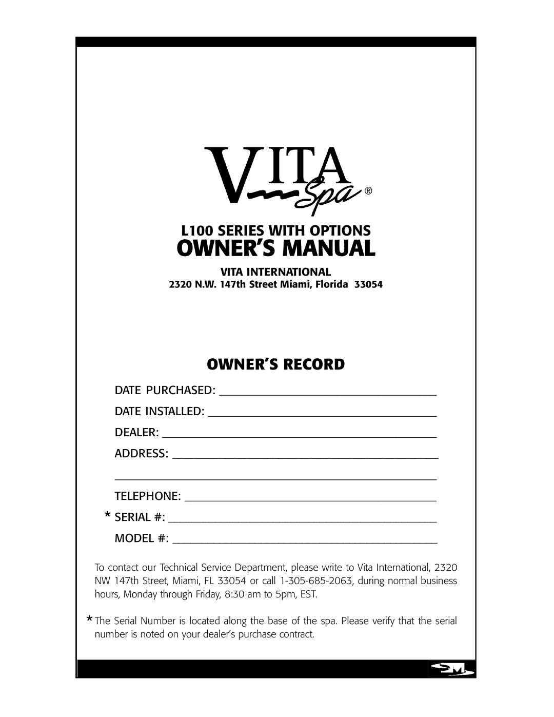 Vita Spa L100 owner manual OWNER’S Record 