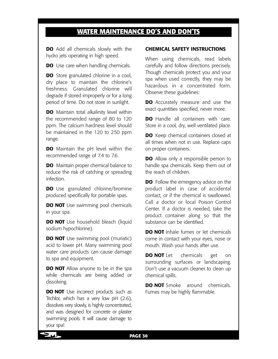 Vita Spa L100 owner manual WAT ER Main T EN a NCE DO’S and DON ’ TS, Chemical Safety Instructions 