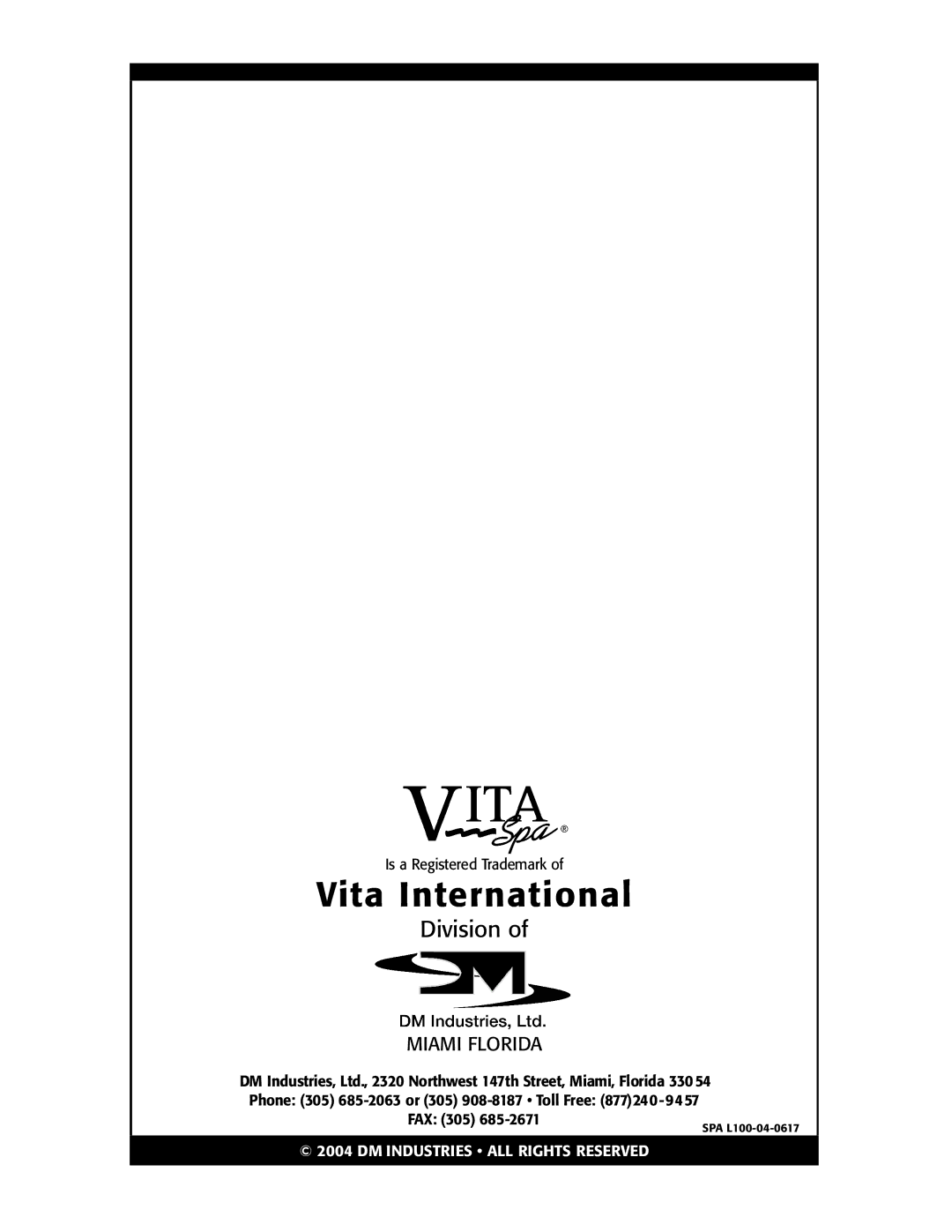 Vita Spa L100 owner manual Vita International 