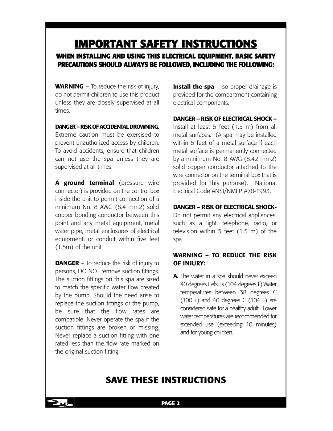 Vita Spa L100 owner manual Important Safety Instructions 