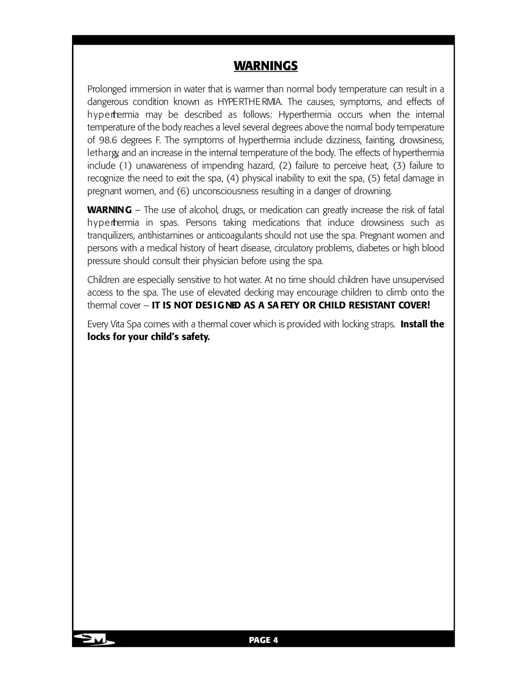 Vita Spa L100 owner manual Warnings, Page 