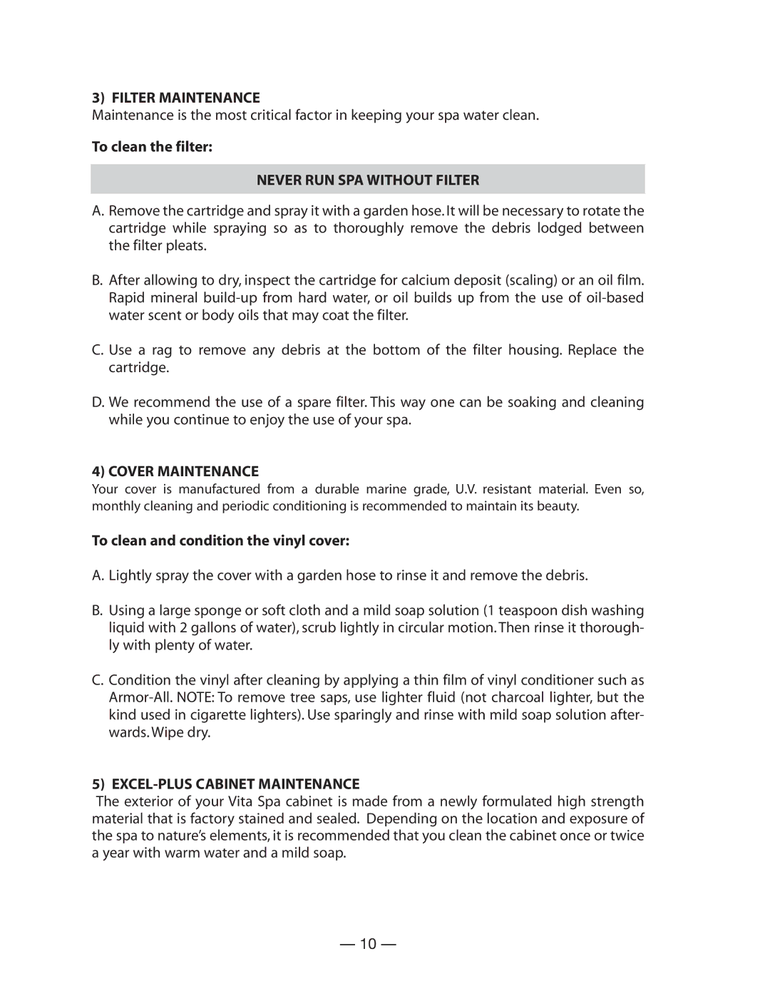 Vita Spa LD-15 Series Filter Maintenance, Never RUN SPA Without Filter, Cover Maintenance, EXCEL-PLUS Cabinet Maintenance 