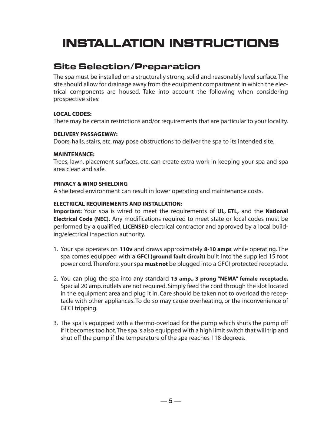 Vita Spa LD-15 Series manual Installation Instructions, Site Selection/Preparation 