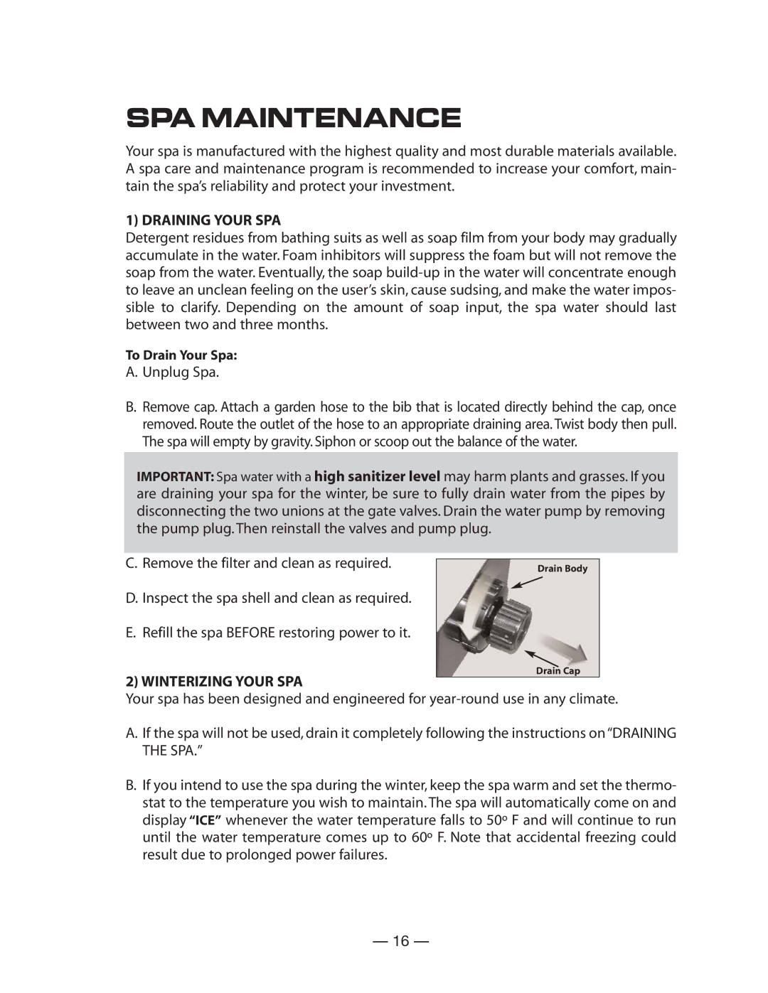 Vita Spa U -1 3 0 manual SPA Maintenance, Draining Your SPA, Remove the filter and clean as required, Winterizing Your SPA 