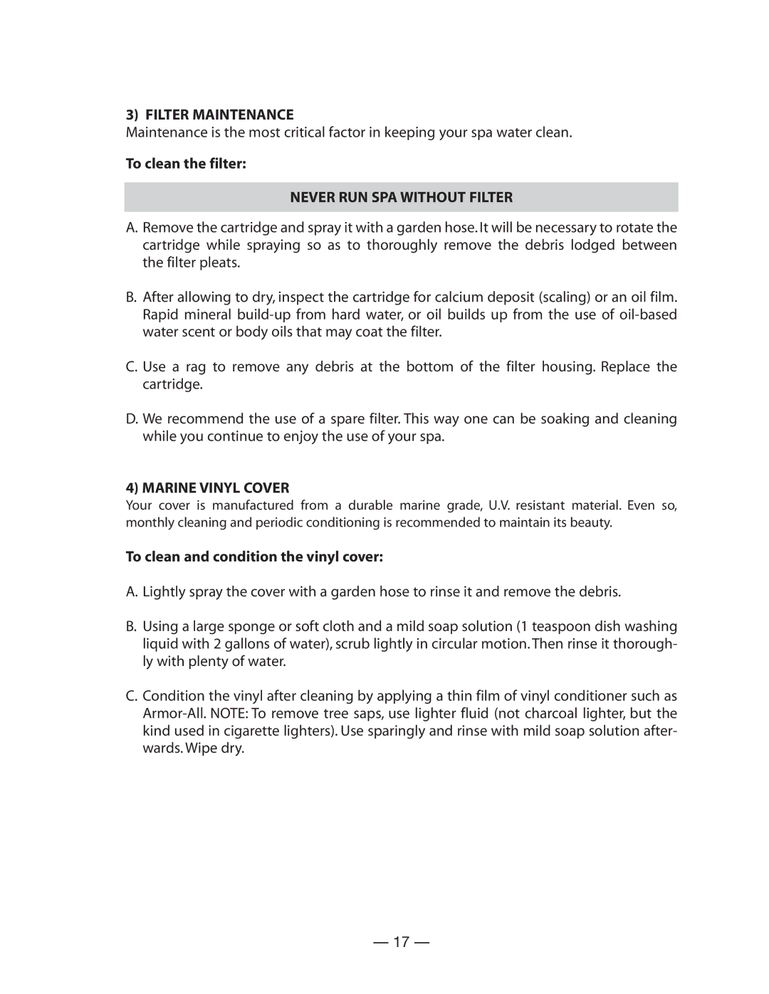 Vita Spa U -1 3 0 manual Filter Maintenance, To clean the filter, Never RUN SPA Without Filter, Marine Vinyl Cover 