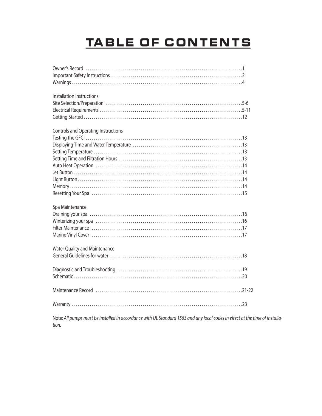 Vita Spa U -1 3 0 manual Table of Contents 