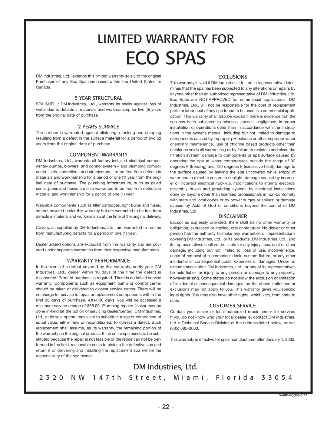 Vita Spa U -1 3 0 manual Eco Spas, Limited Warranty For, Exclusions, Year Structural, Years Surface, Component Warranty 