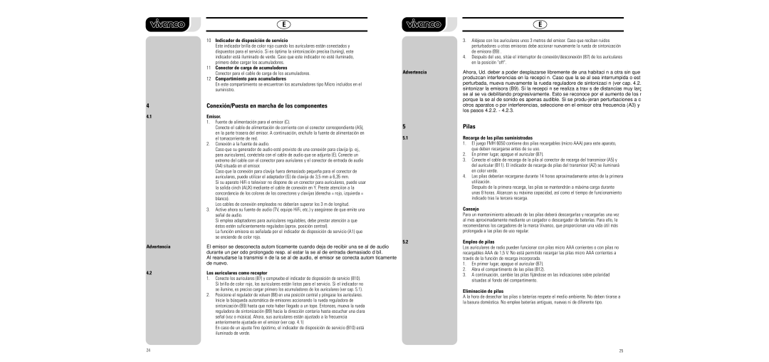 Vivanco FMH 6050 manual Conexión/Puesta en marcha de los componentes, Pilas 