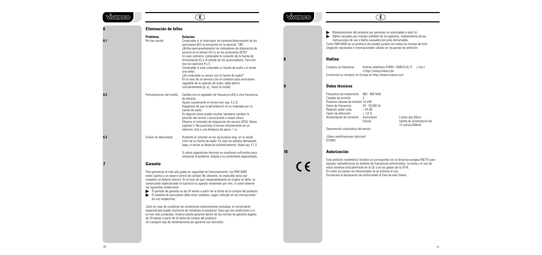 Vivanco FMH 6050 manual Eliminación de fallos, Garantía, Datos técnicos, 10Autorización, Problema Solución 