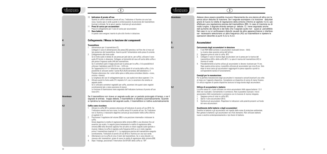 Vivanco FMH 6050 manual Indicatore di pronto all’uso Avvertenza, Vano batterie, Trasmettitore, Consigli per la manutenzione 