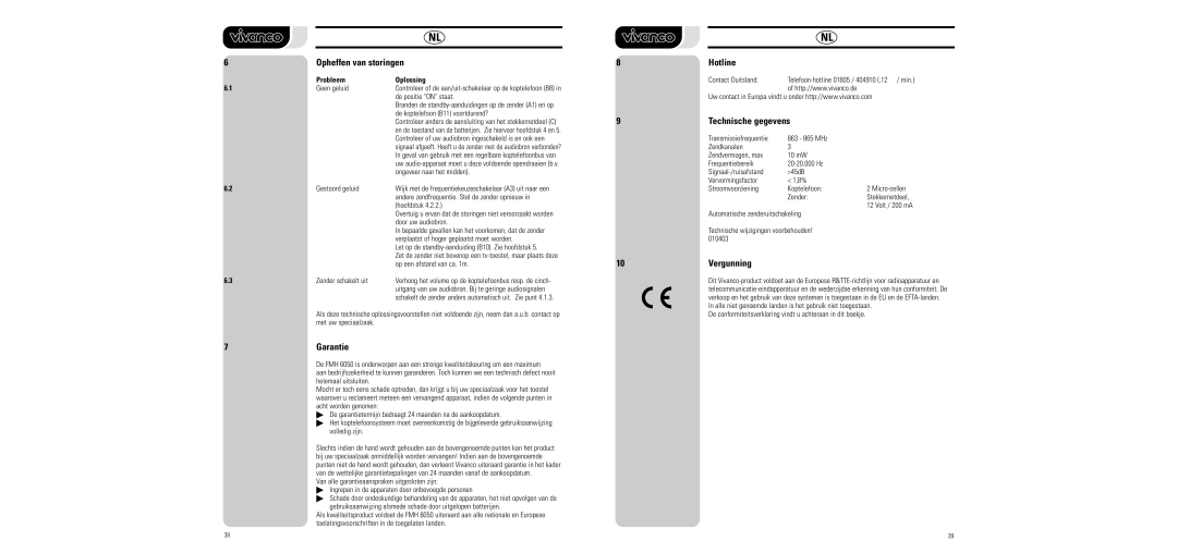 Vivanco FMH 6050 manual Opheffen van storingen, Technische gegevens, 10Vergunning, Probleem Oplossing 