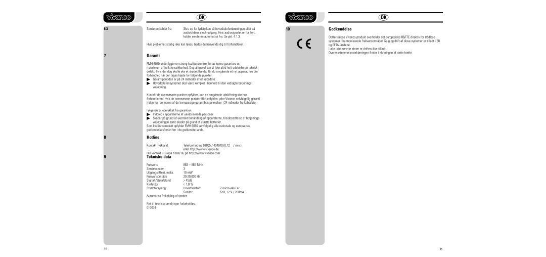 Vivanco FMH 6050 manual Godkendelse, Garanti, Tekniske data 