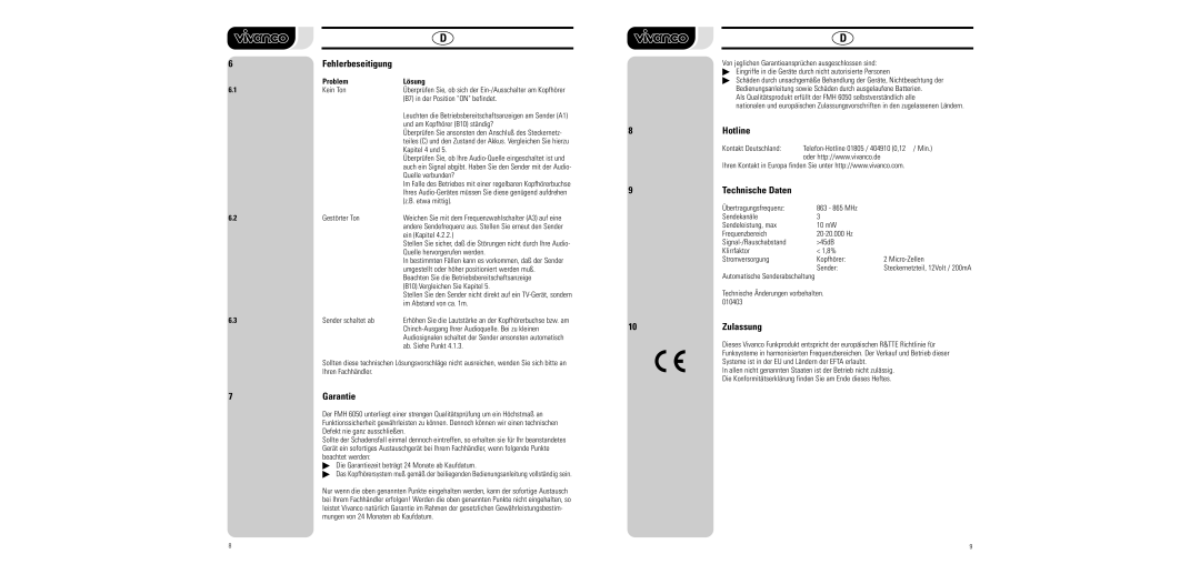 Vivanco FMH 6050 manual Garantie, Hotline, Technische Daten, 10Zulassung, Problem Lösung 