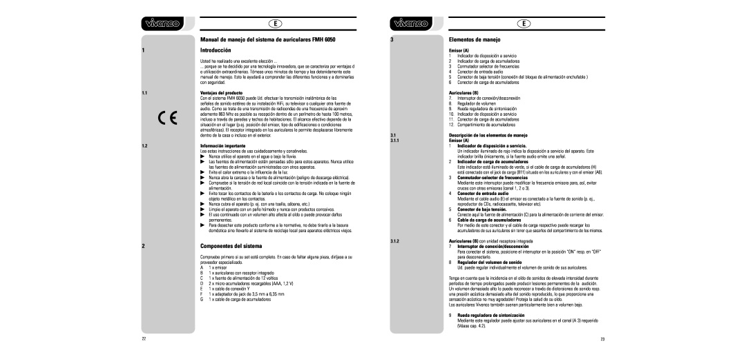 Vivanco FMH 6050 manual Manual de manejo del sistema de auriculares FMH, Elementos de manejo, Introducción 