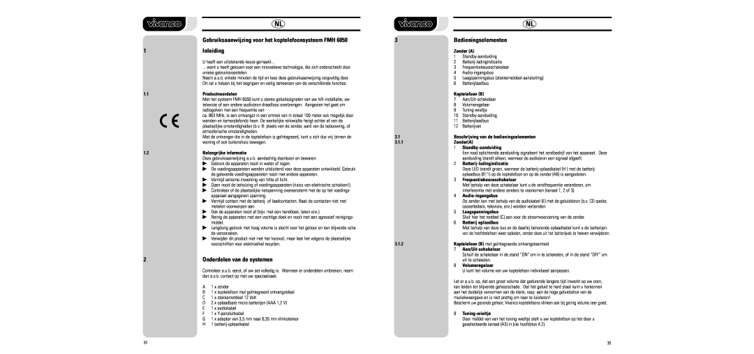 Vivanco FMH 6050 manual Gebruiksaanwijzing voor het koptelefoonsysteem FMH, Bedieningselementen, Inleiding 