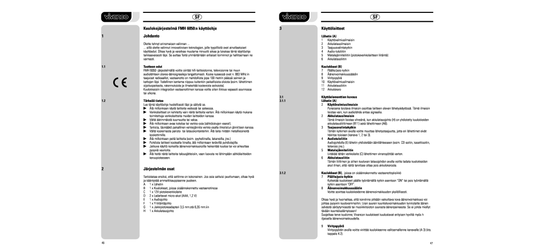Vivanco manual Kuulokejärjestelmä FMH 6050n käyttöohje, Käyttölaitteet, Johdanto, Järjestelmän osat 