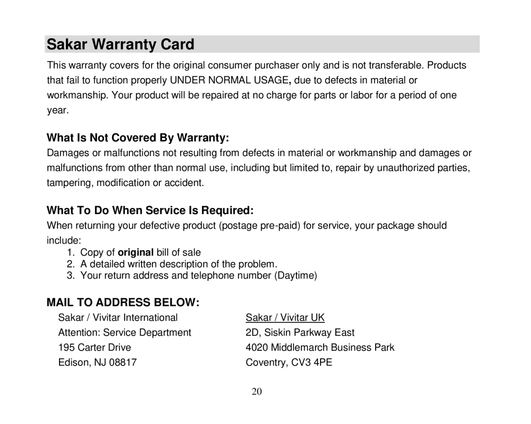 Vivid Audio 25 manual Sakar Warranty Card, What Is Not Covered By Warranty, What To Do When Service Is Required 