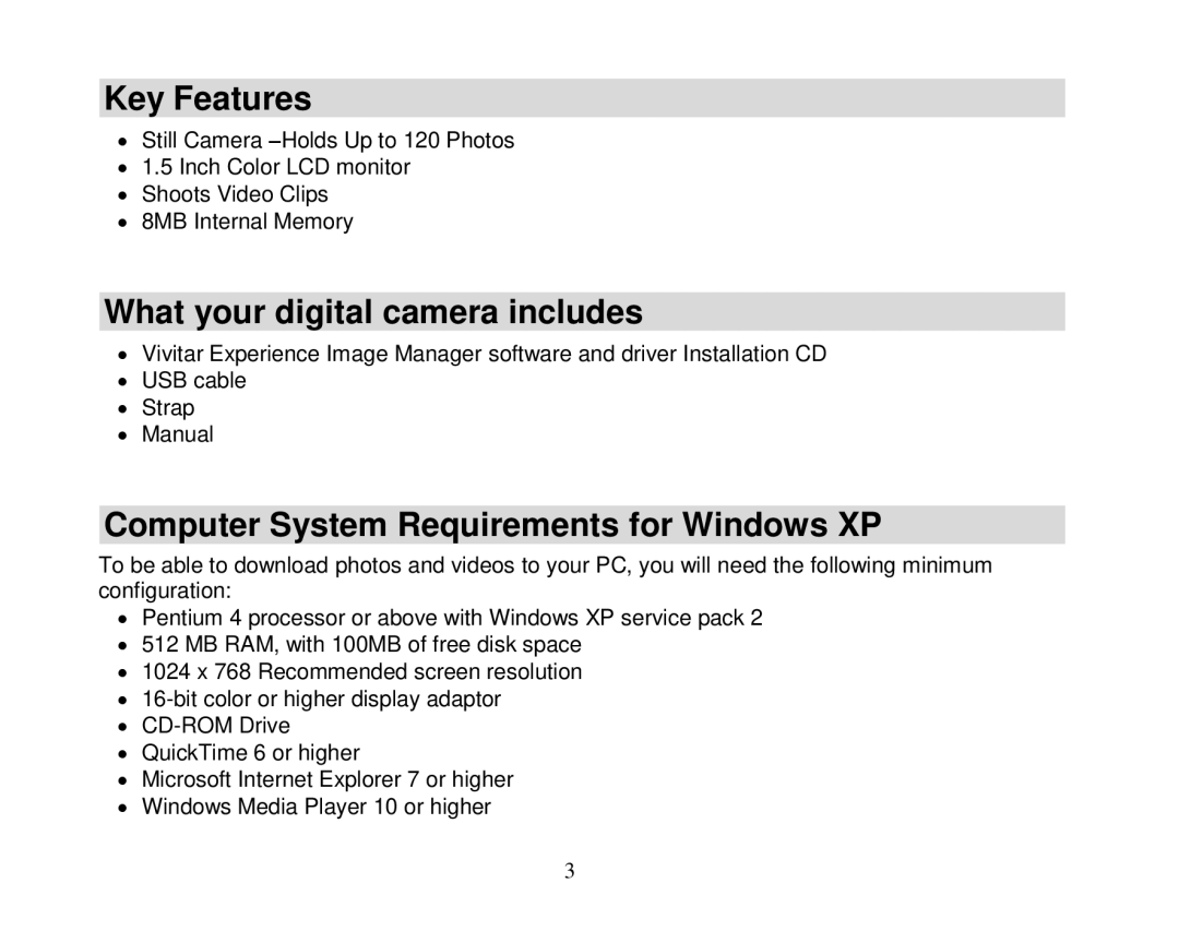 Vivid Audio 25 manual Key Features, What your digital camera includes, Computer System Requirements for Windows XP 