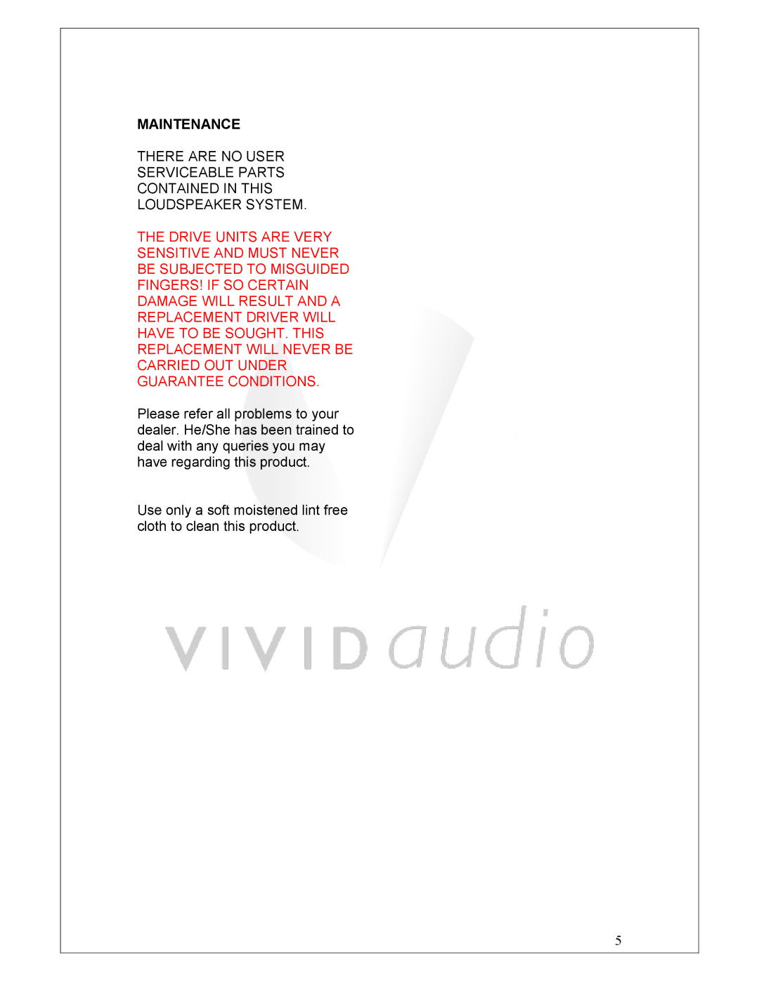 Vivid Audio C1 manual Maintenance 