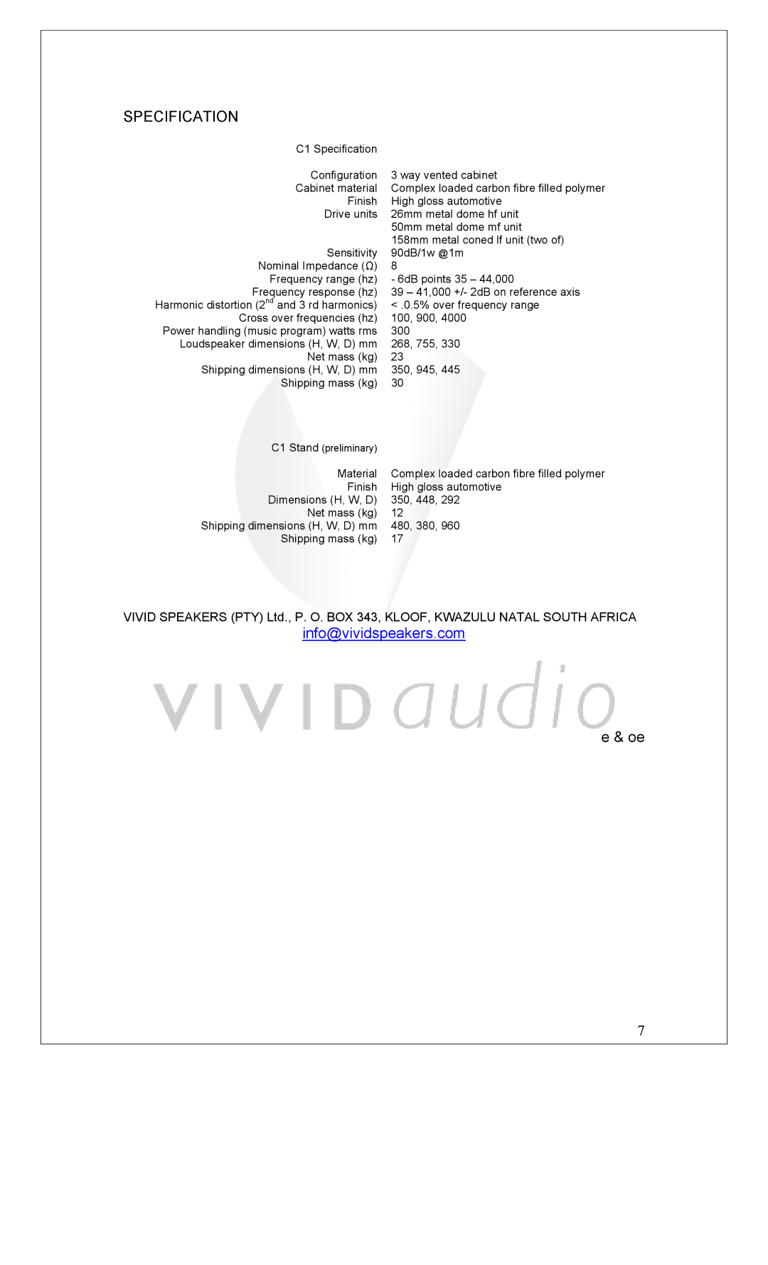 Vivid Audio C1 manual Specification 