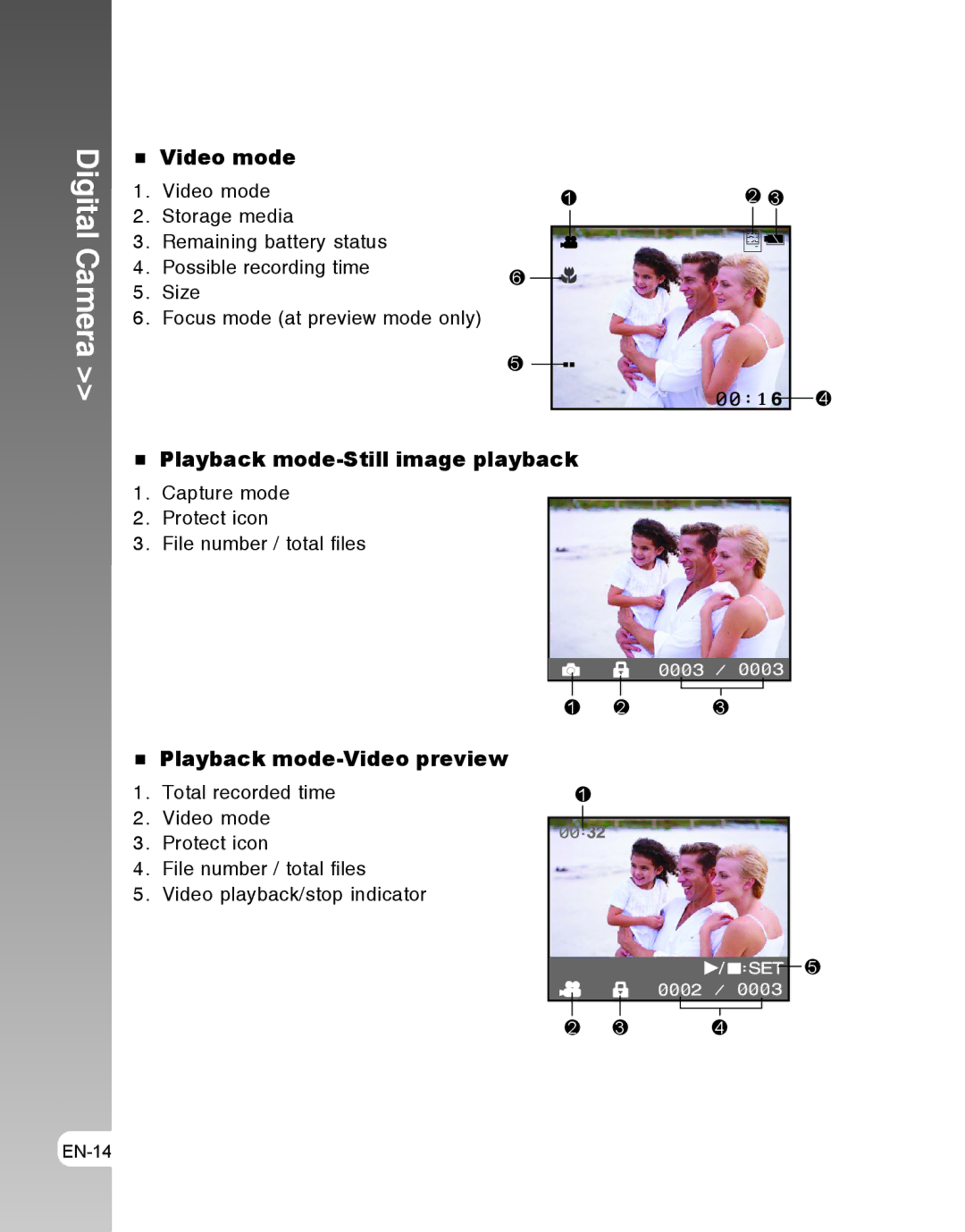 Vivitar 3105s user manual Video mode, Playback mode-Still image playback, Playback mode-Video preview 