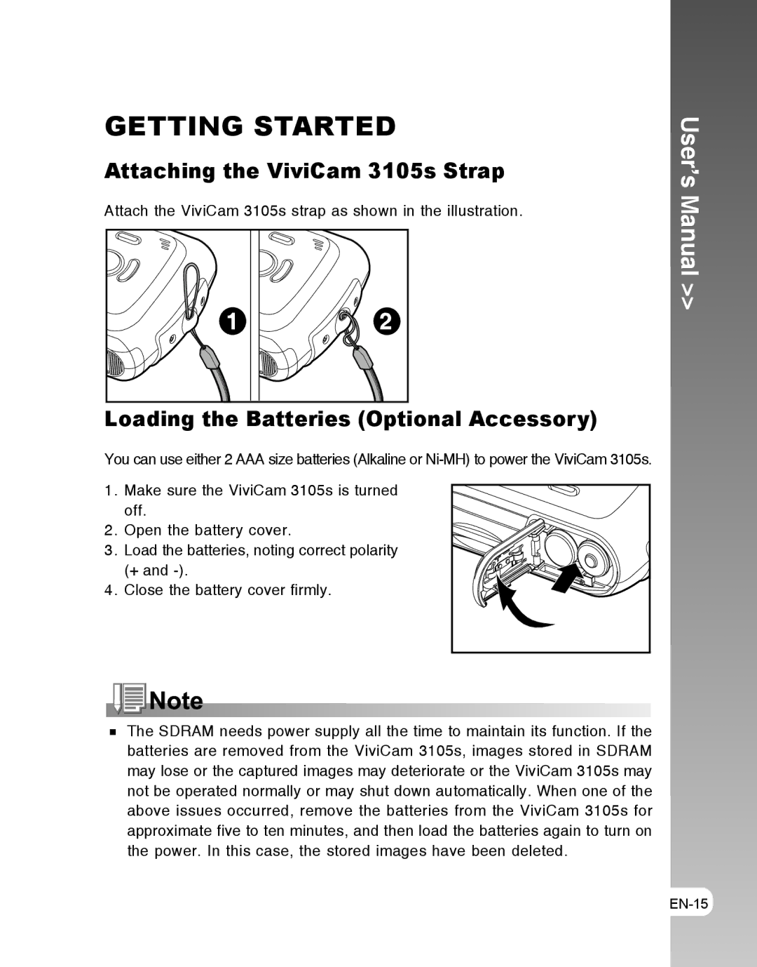 Vivitar user manual Getting Started, Attaching the ViviCam 3105s Strap, Loading the Batteries Optional Accessory 