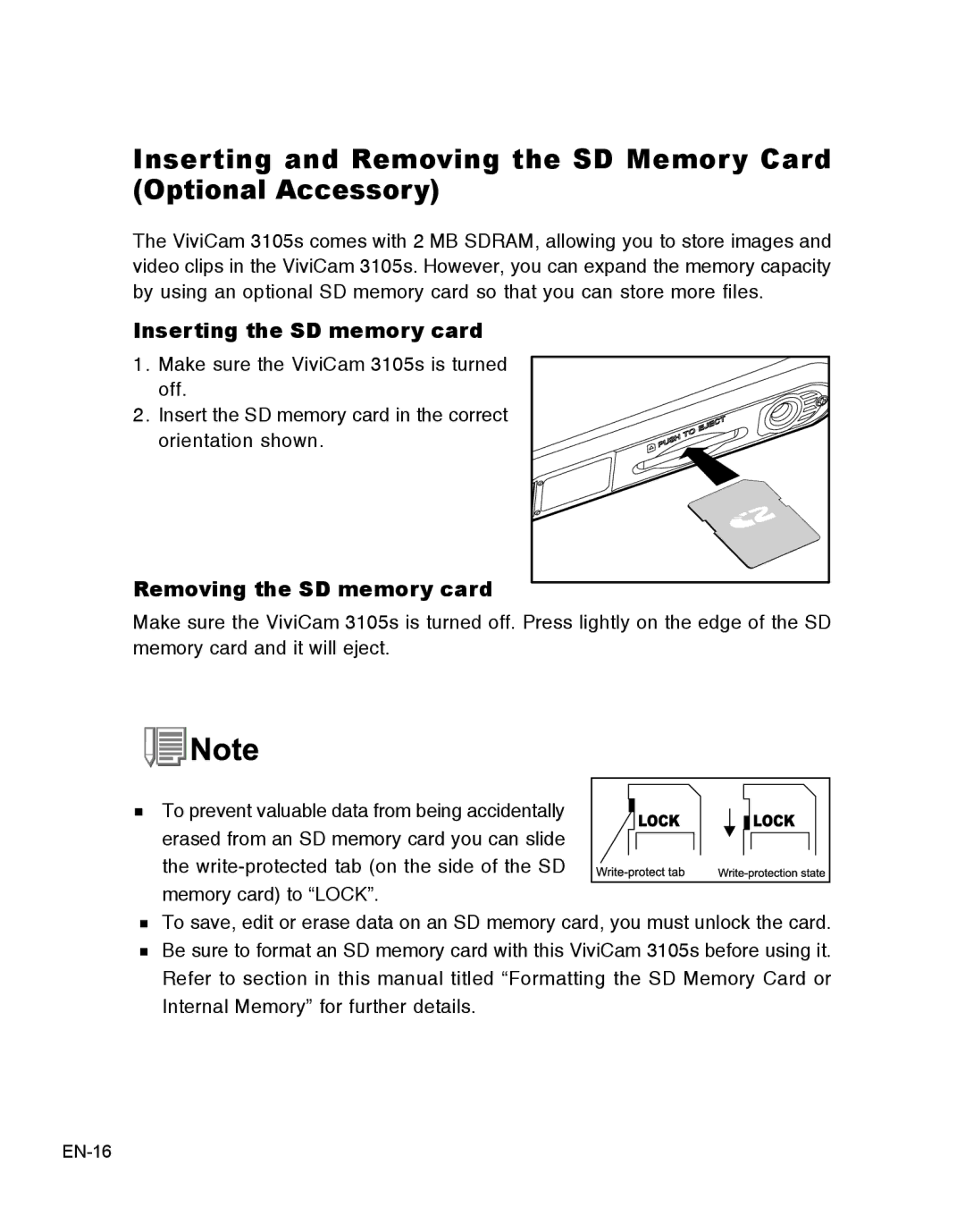 Vivitar 3105s user manual Inserting the SD memory card, Removing the SD memory card 