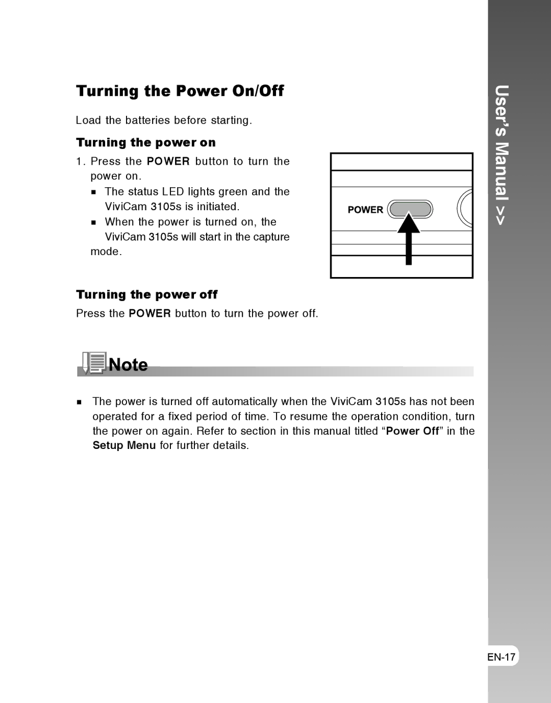 Vivitar 3105s user manual Turning the Power On/Off, Turning the power on, Turning the power off 