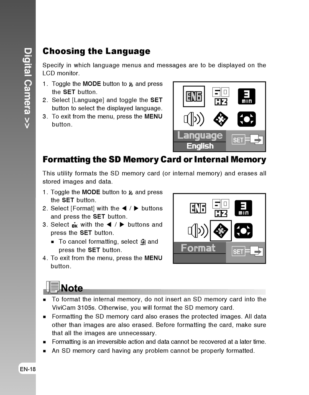 Vivitar 3105s user manual Choosing the Language, Formatting the SD Memory Card or Internal Memory 