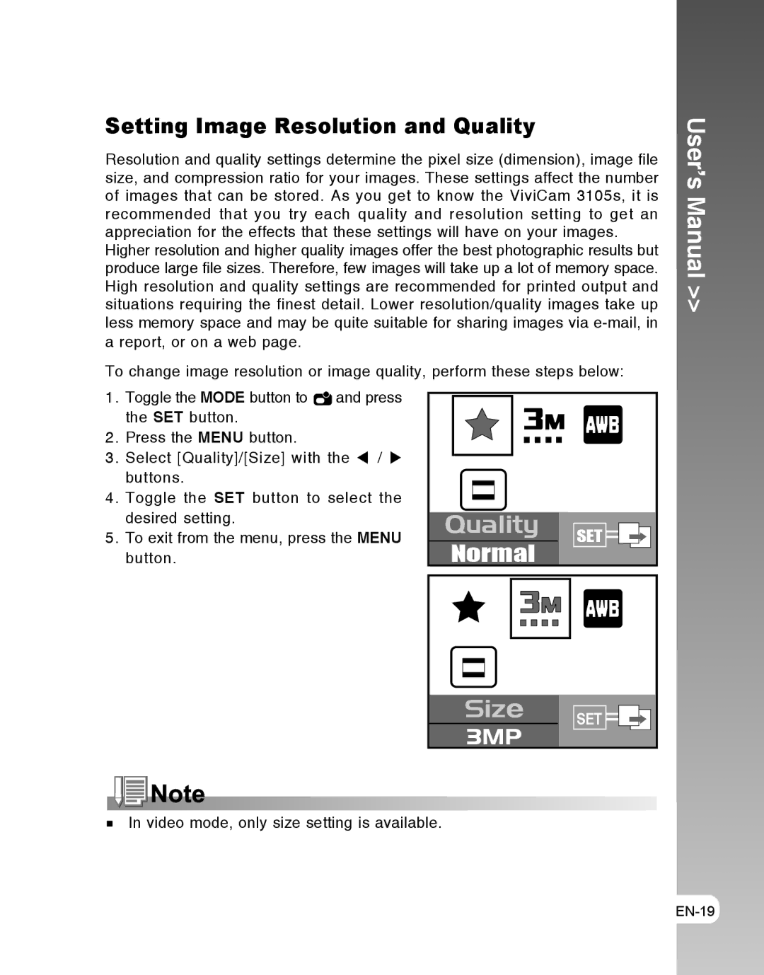 Vivitar 3105s user manual Siz e, Setting Image Resolution and Quality 