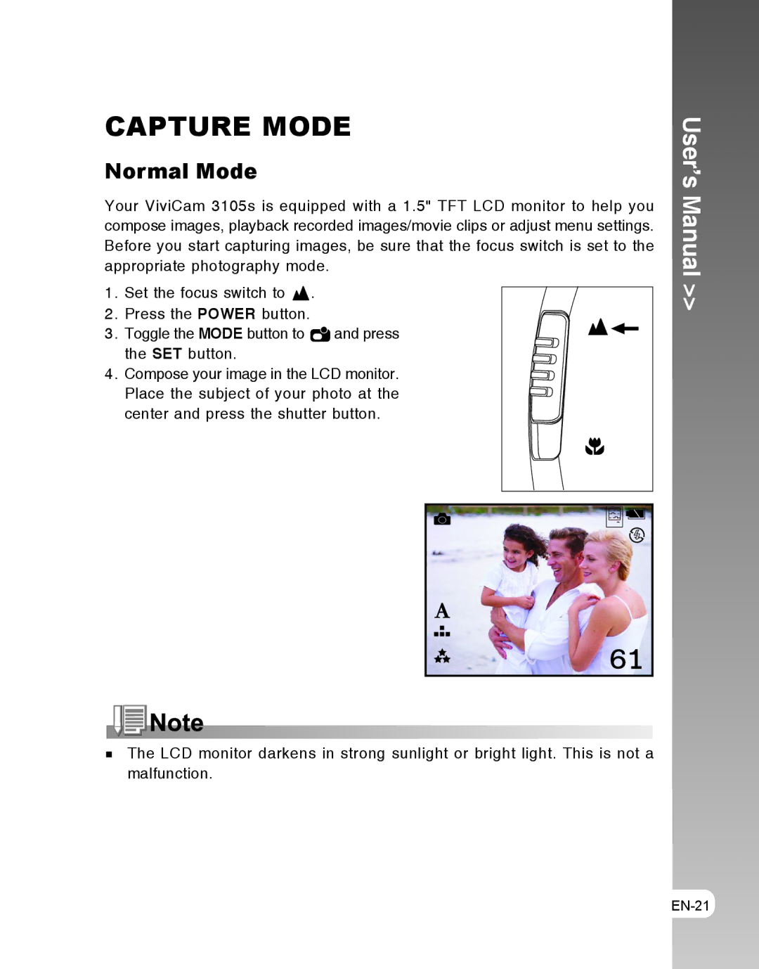 Vivitar 3105s user manual Capture Mode, Normal Mode 