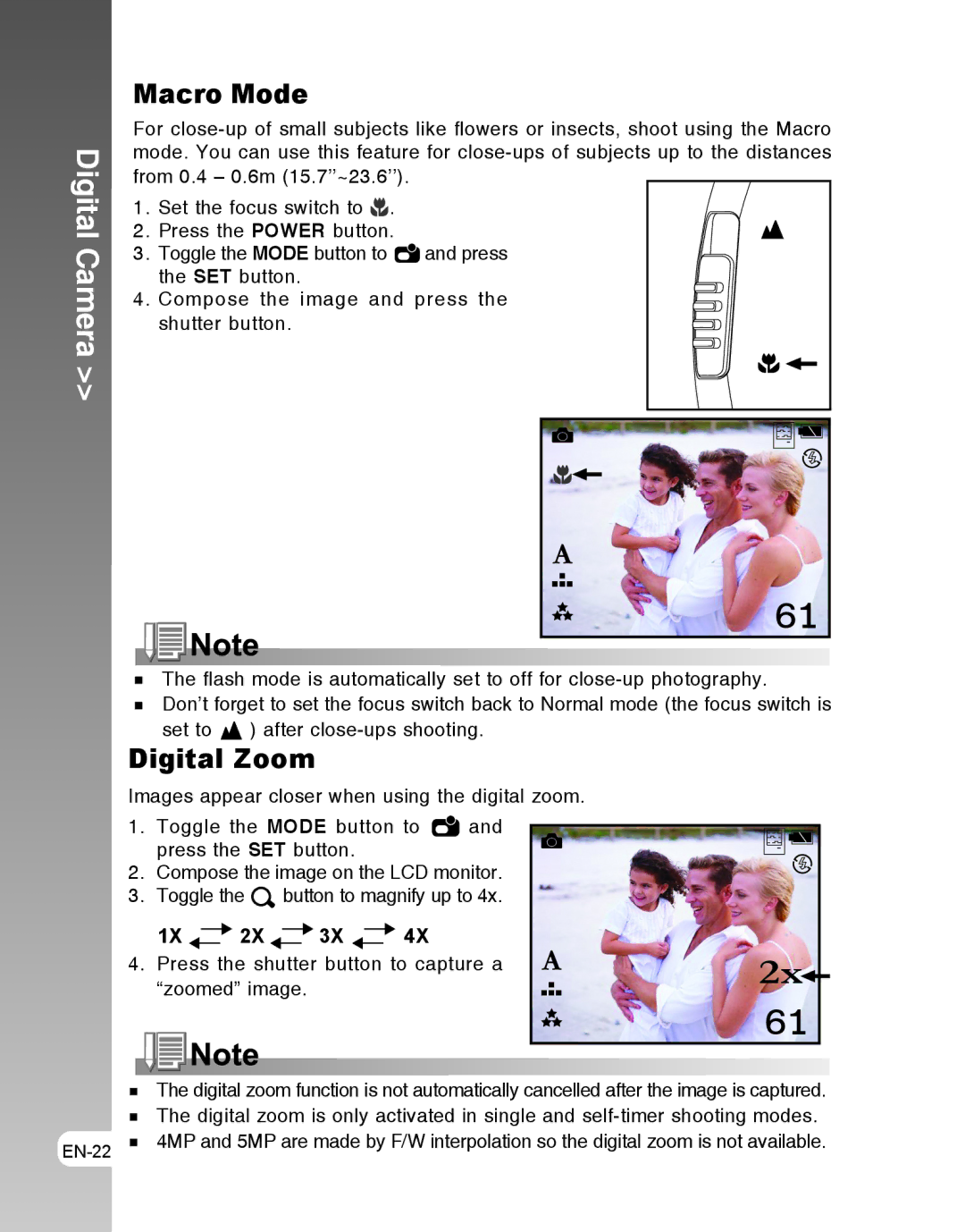 Vivitar 3105s user manual Macro Mode, Digital Zoom, Press the shutter button to capture a Zoomed image 