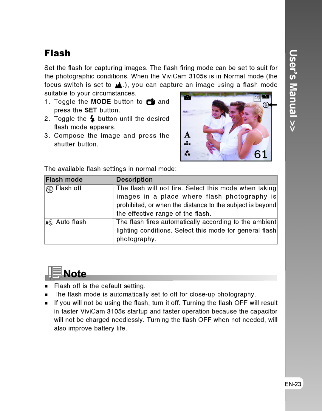Vivitar 3105s user manual Flash mode Description 