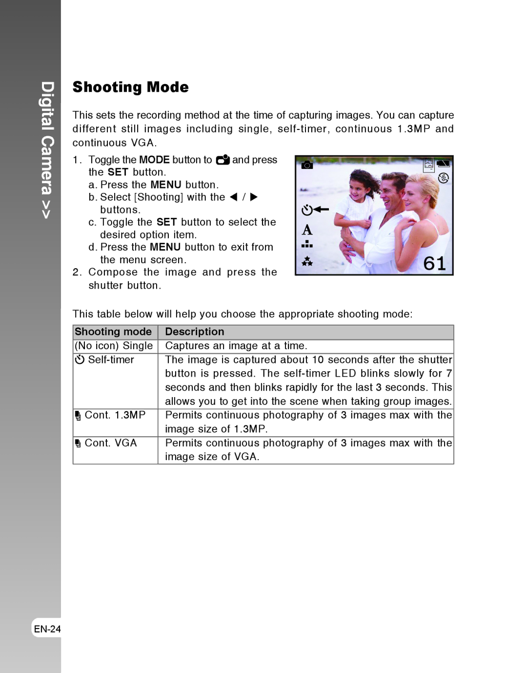 Vivitar 3105s user manual Shooting Mode, Shooting mode Description 