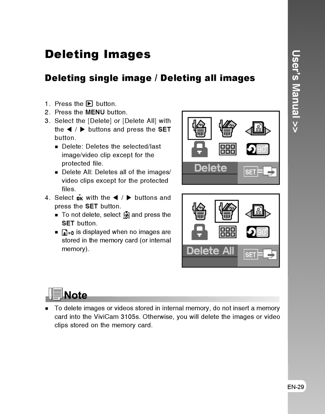 Vivitar 3105s user manual Deleting Images, Deleting single image / Deleting all images 