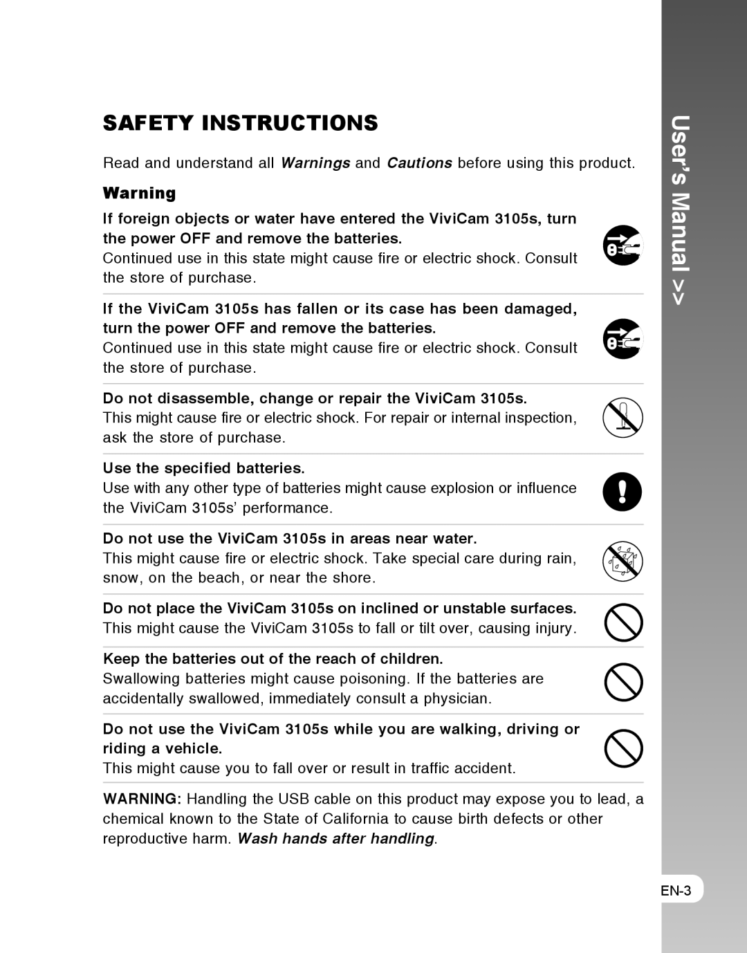 Vivitar user manual Do not disassemble, change or repair the ViviCam 3105s, Use the specified batteries 