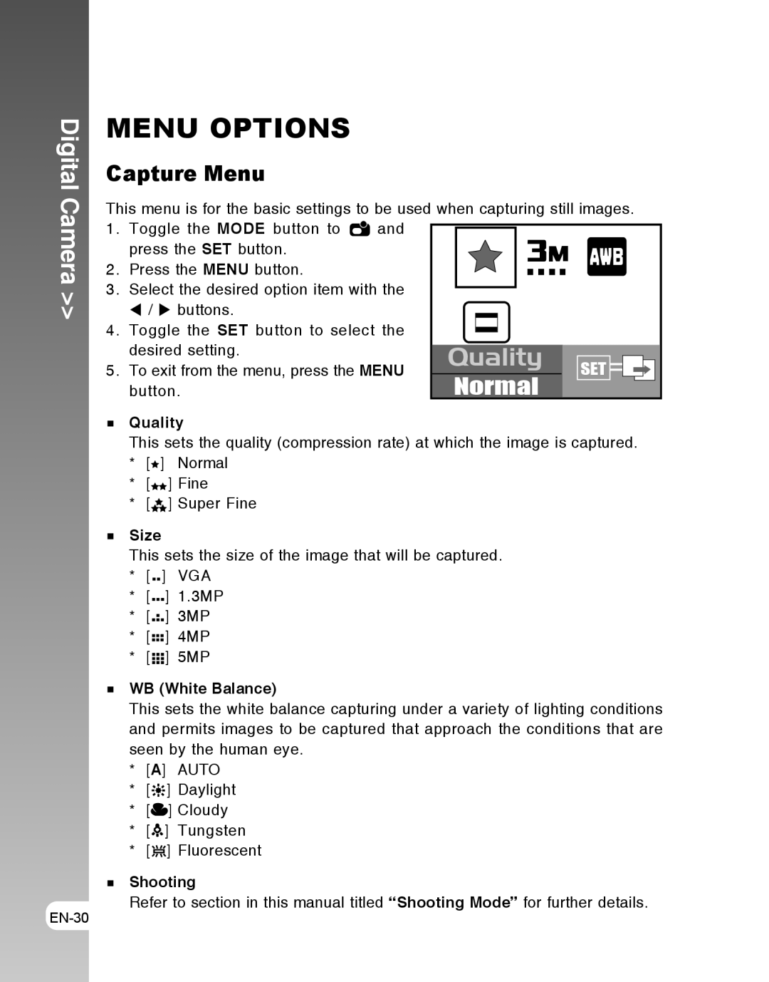 Vivitar 3105s user manual Menu Options, Capture Menu, WB White Balance, Shooting 