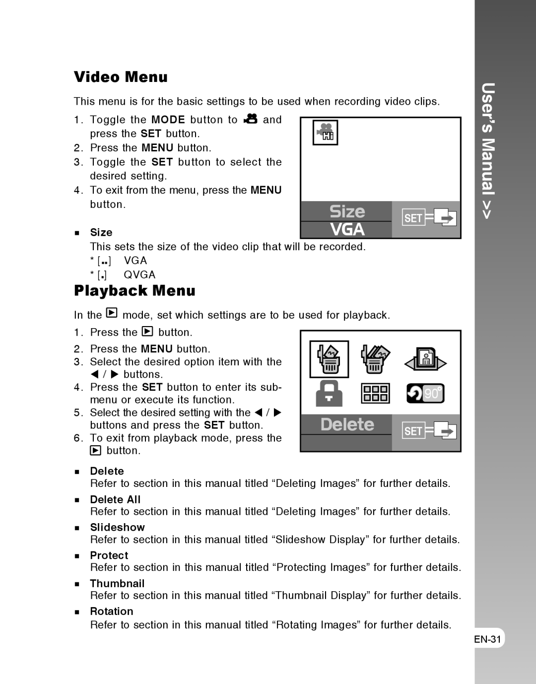 Vivitar 3105s user manual Video Menu, Playback Menu 