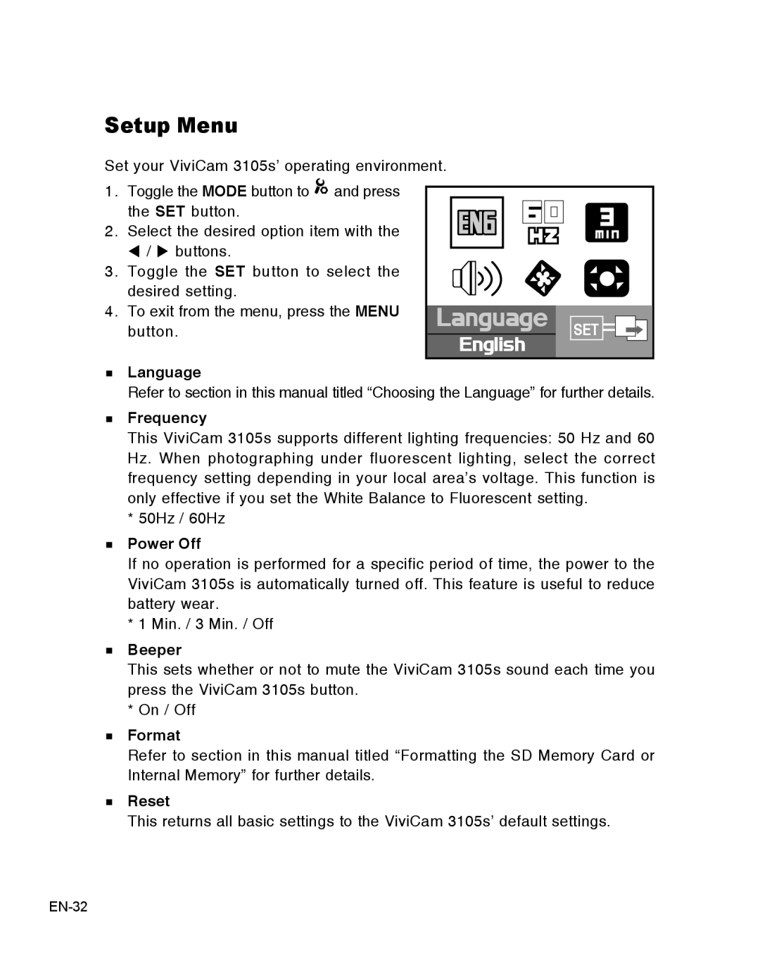 Vivitar 3105s user manual Setup Menu 