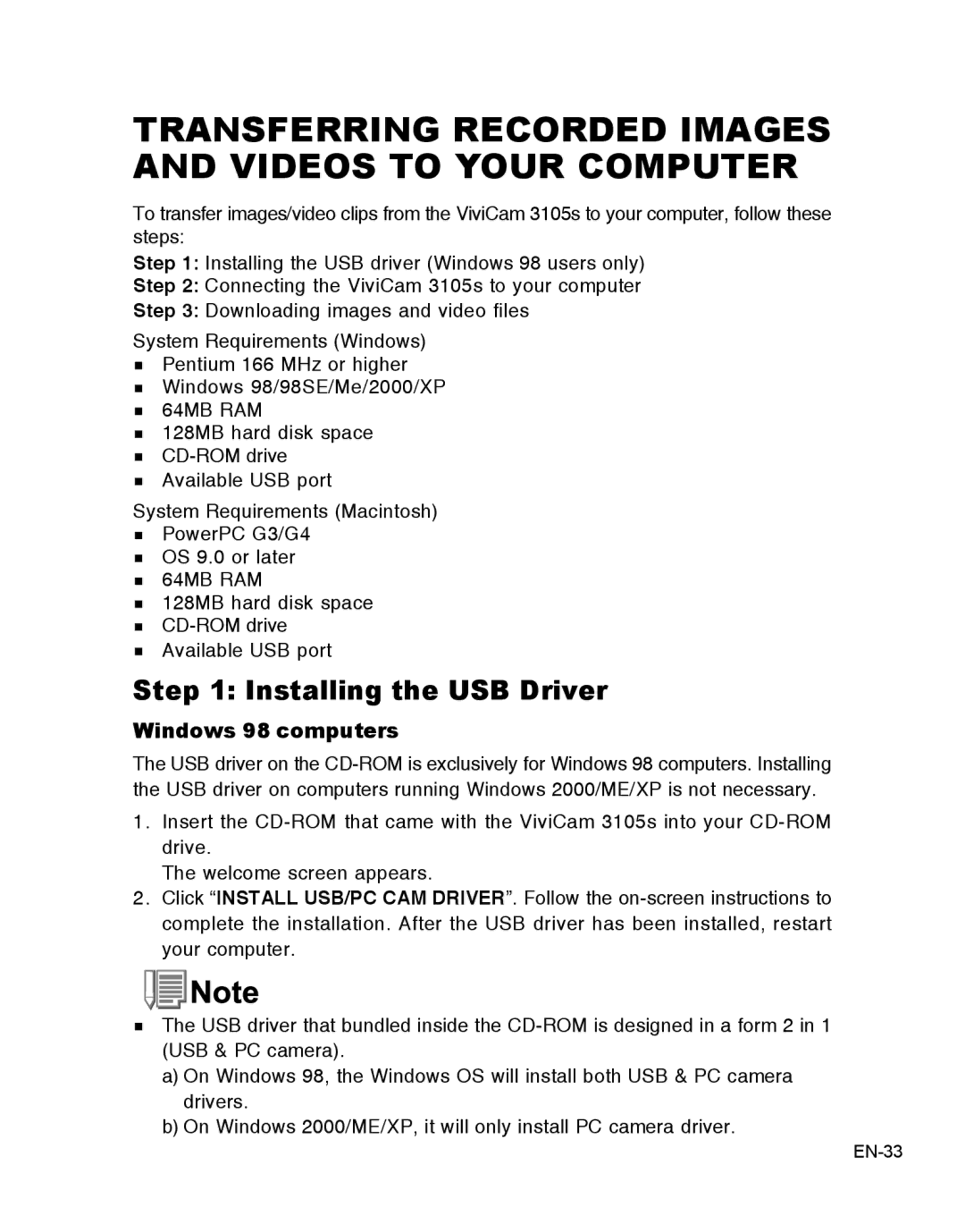 Vivitar 3105s Transferring Recorded Images and Videos to Your Computer, Installing the USB Driver, Windows 98 computers 