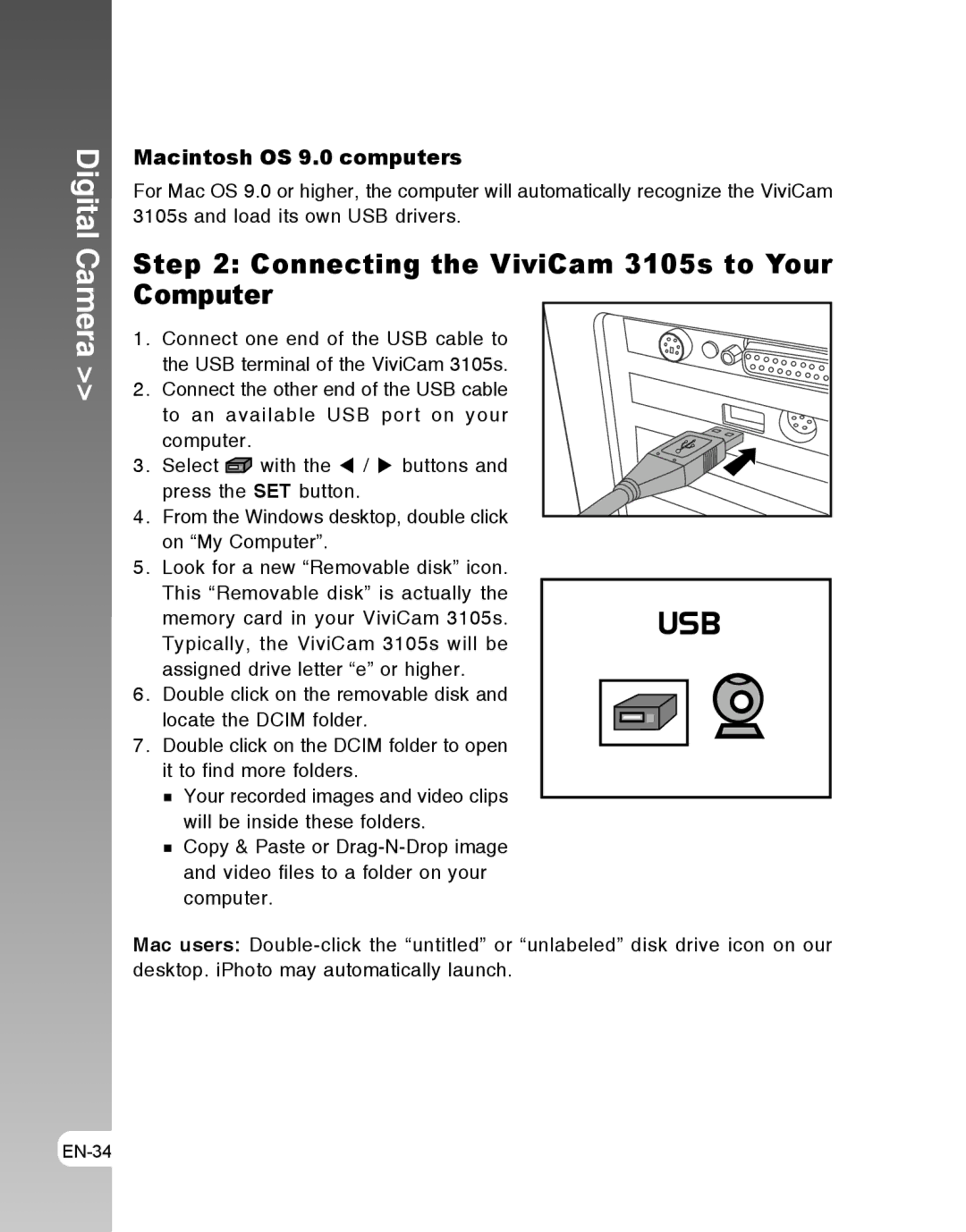 Vivitar user manual Connecting the ViviCam 3105s to Your Computer, Macintosh OS 9.0 computers 