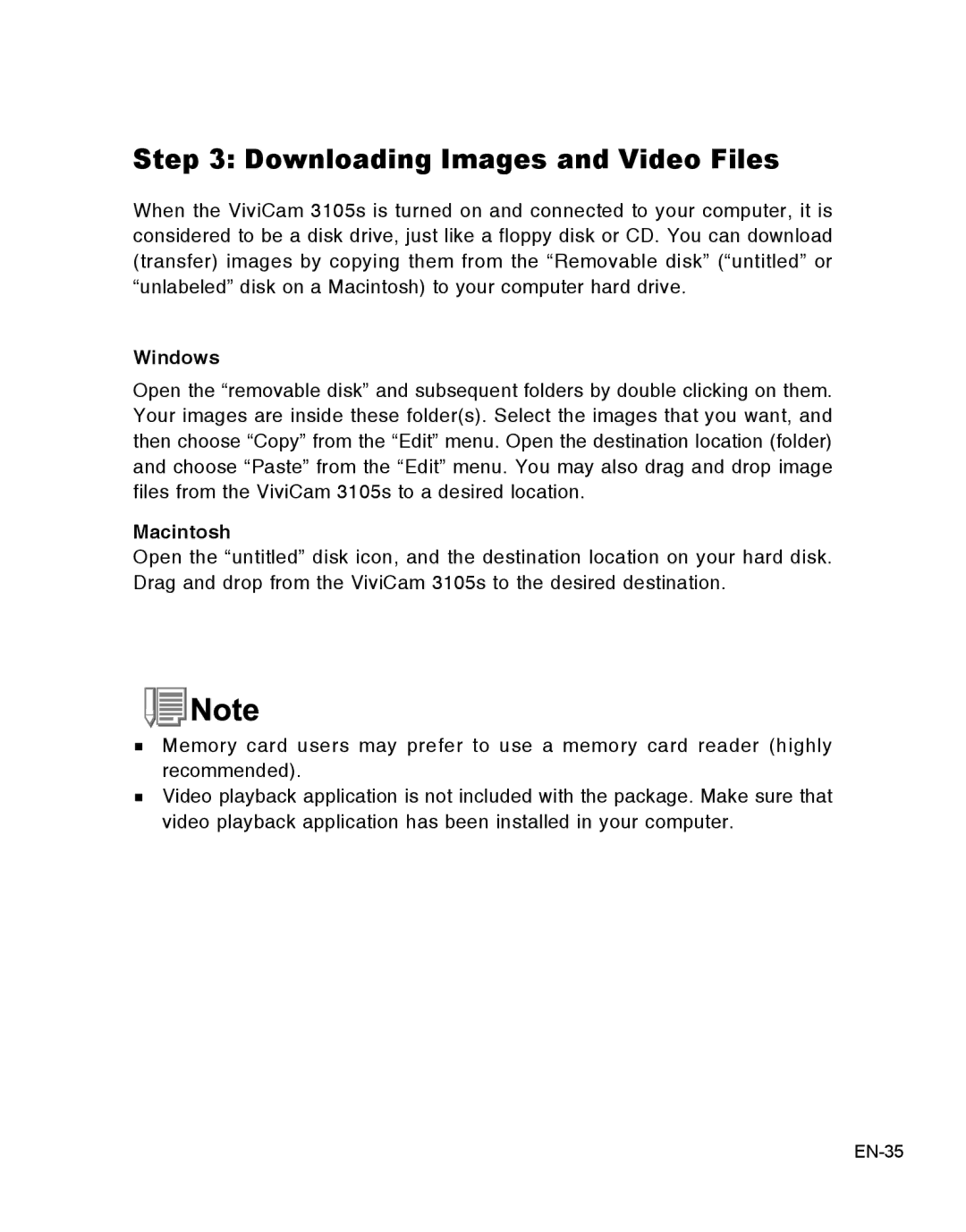 Vivitar 3105s user manual Downloading Images and Video Files, Windows, Macintosh 