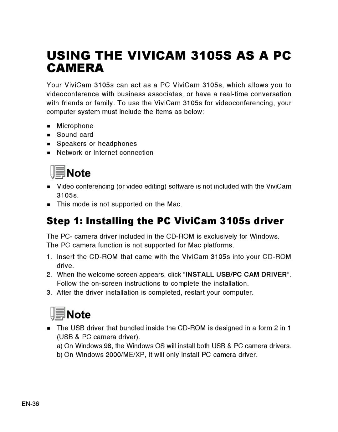 Vivitar user manual Using the Vivicam 3105S AS a PC Camera, Installing the PC ViviCam 3105s driver 