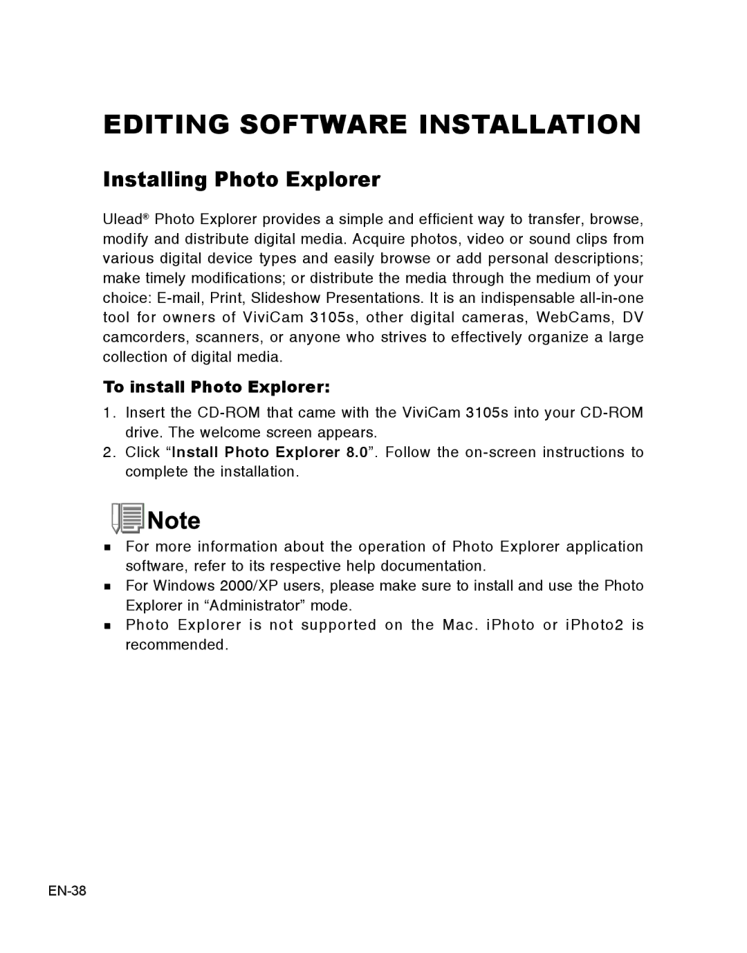 Vivitar 3105s user manual Editing Software Installation, Installing Photo Explorer, To install Photo Explorer 