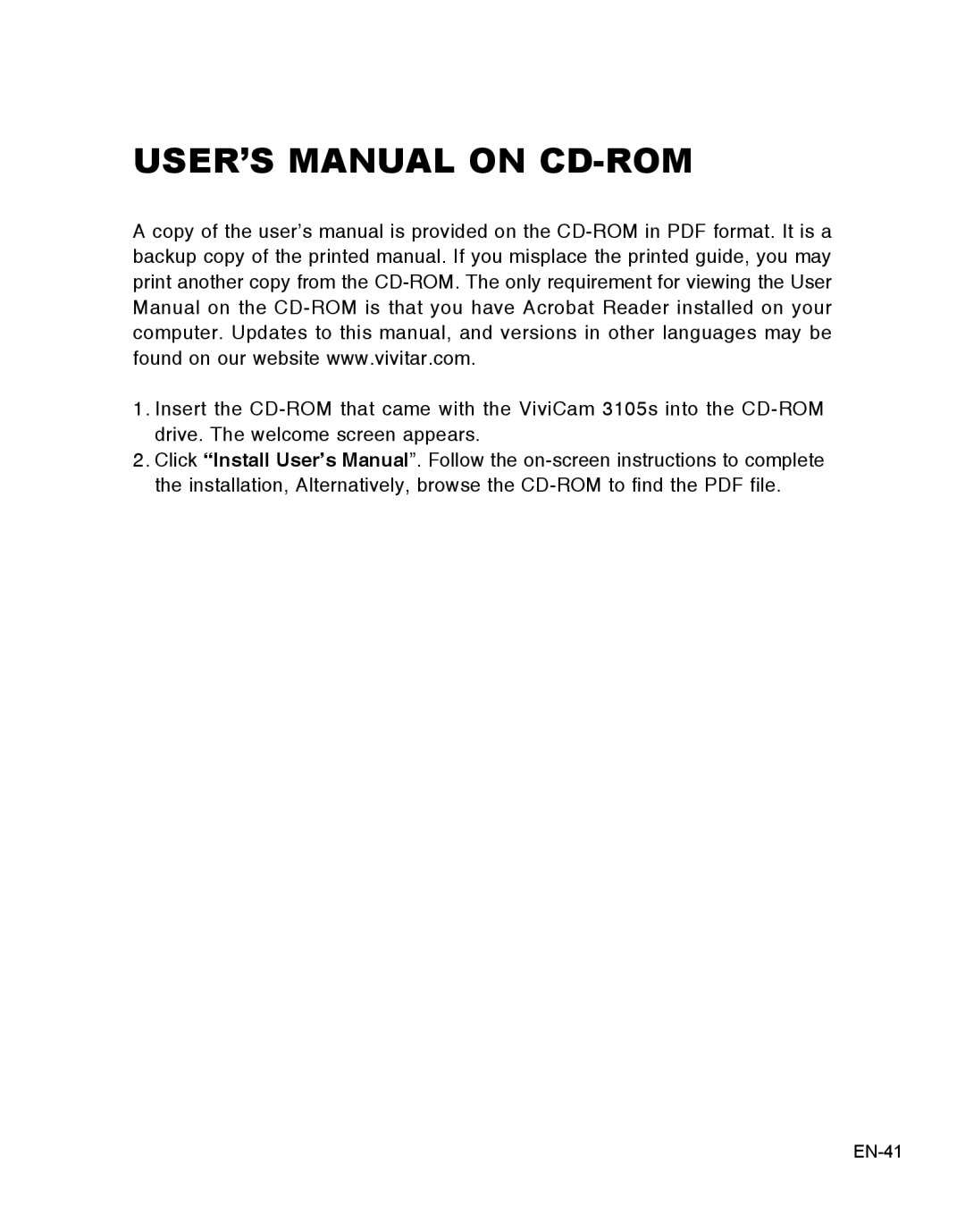 Vivitar 3105s user manual USER’S Manual on CD-ROM 